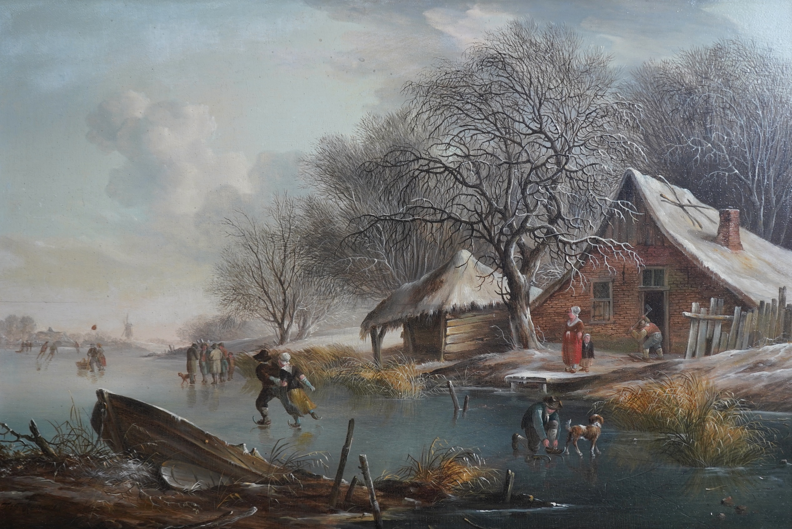 Fredericus Theodorus Renard, Dutch 1778-1820, A Winter landscape with figures skating on a frozen canal
